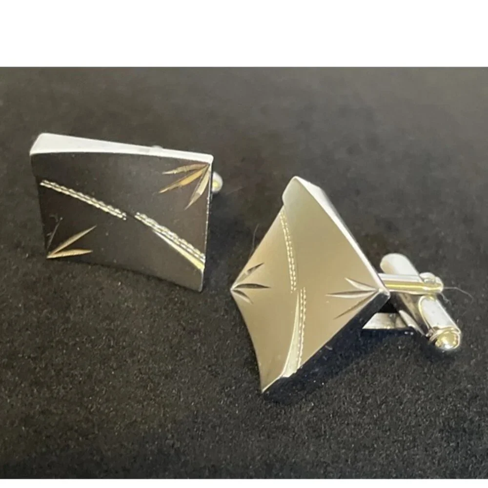 Silver Tone Square Etched Cufflinks Men's Vintage Formal Wear Bullet Back